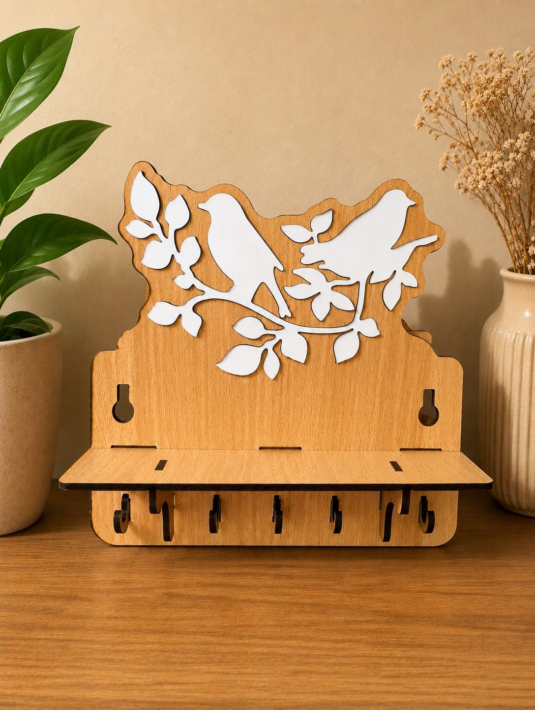 Bird-on-branch wall key holder with laser-cut acrylic inlay