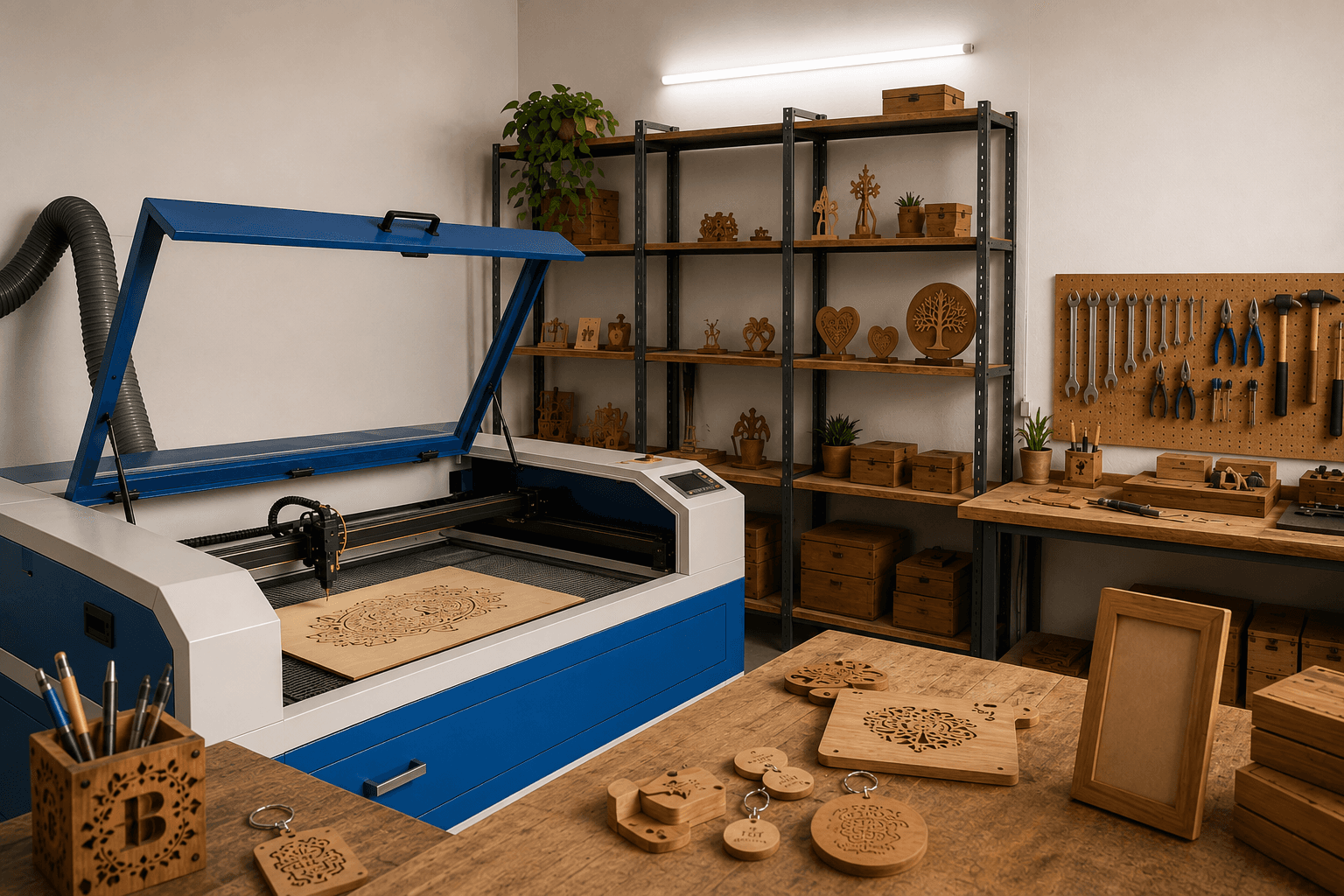 Barsa Enterprises workshop — laser-cutting equipment and handcrafted wooden pieces
